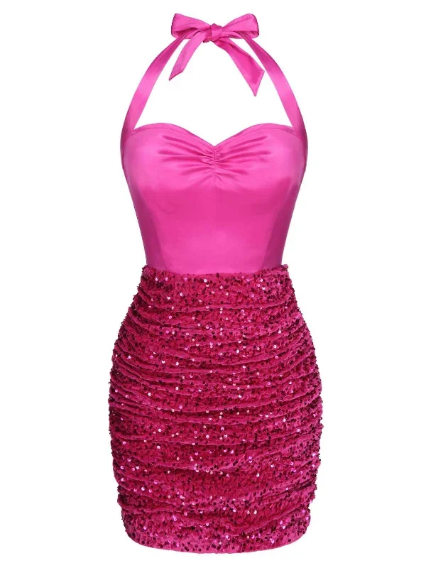 pink-1960s-halter-sequined-wrap-dress