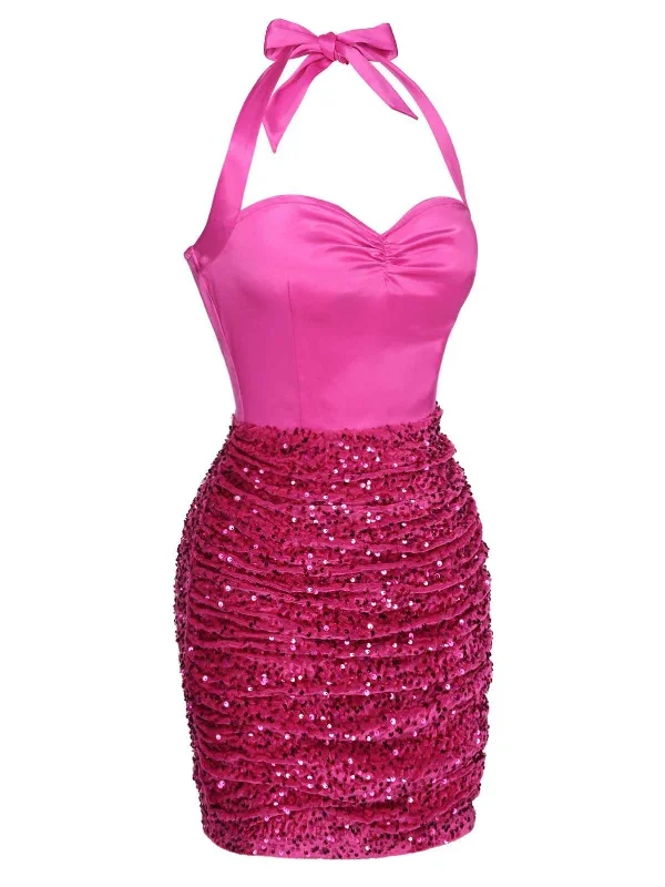 pink-1960s-halter-sequined-wrap-dress