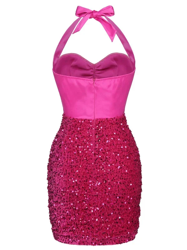 pink-1960s-halter-sequined-wrap-dress