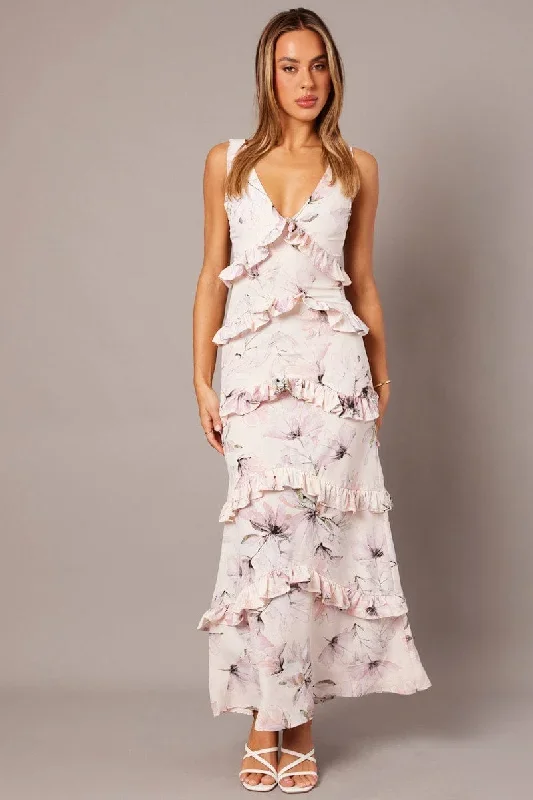 Pink Floral Maxi Dress Tiered Ruffles