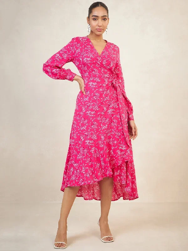 Pink Leaf Printed Midi Wrap Dress