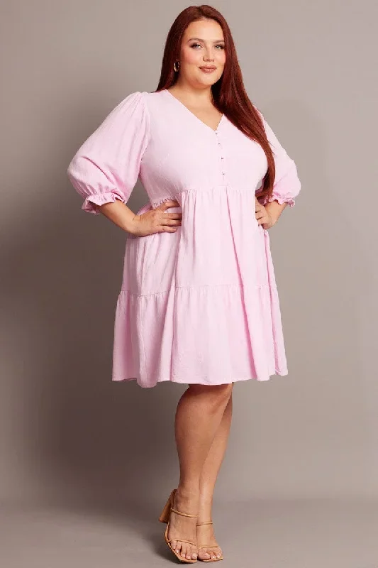 Pink V Neck Button Through Linen Blend Minidress