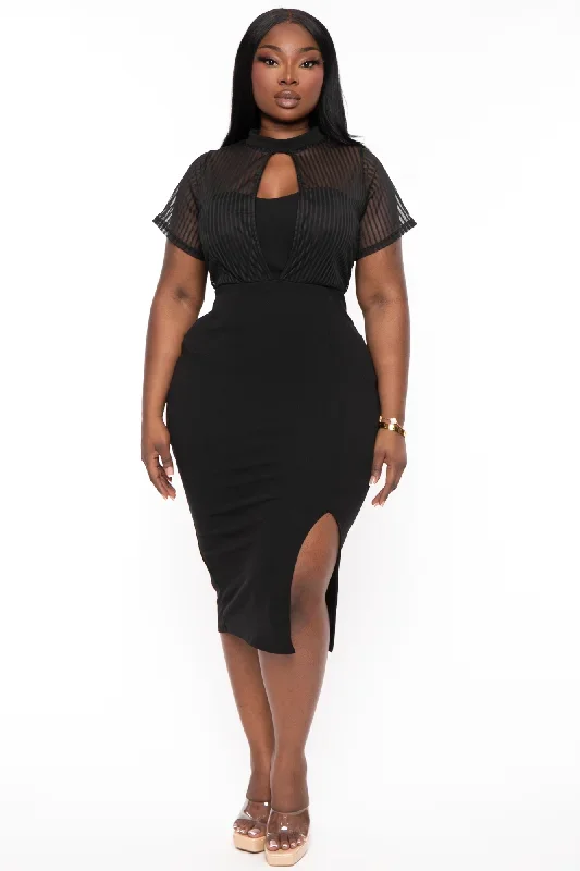 Plus Size Ceci Striped Mesh Midi Dress- Black