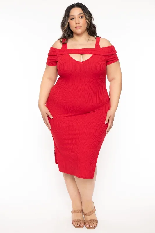 Plus Size Shri Cold Shoulder Midi Dress -Red