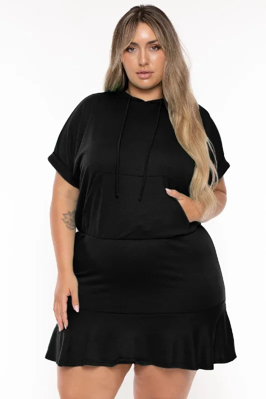 Plus Size Stacie Hoodie  Mini  Dress - Black