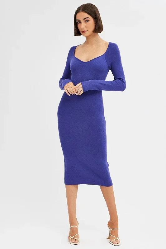 Purple Midi Dress Long Sleeve Sweetheart Neckline Knit