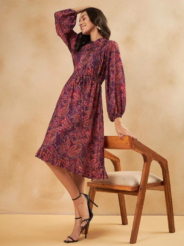 Purple Paisley Printed Elasticated Midi Dress