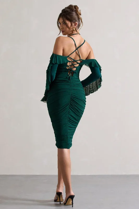 quinn-bottle-green-ruched-strappy-long-sleeved-midi-dress-with-ruffles-cl129693040