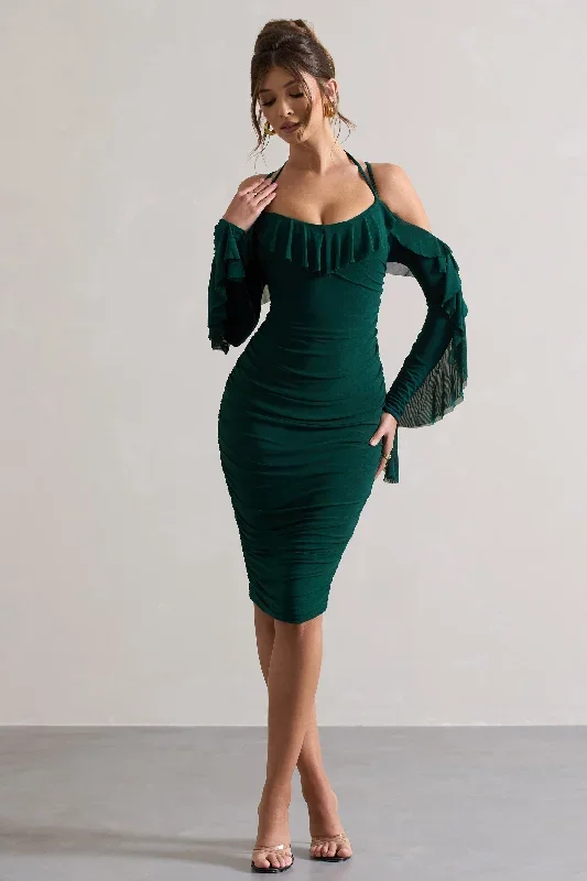 quinn-bottle-green-ruched-strappy-long-sleeved-midi-dress-with-ruffles-cl129693040