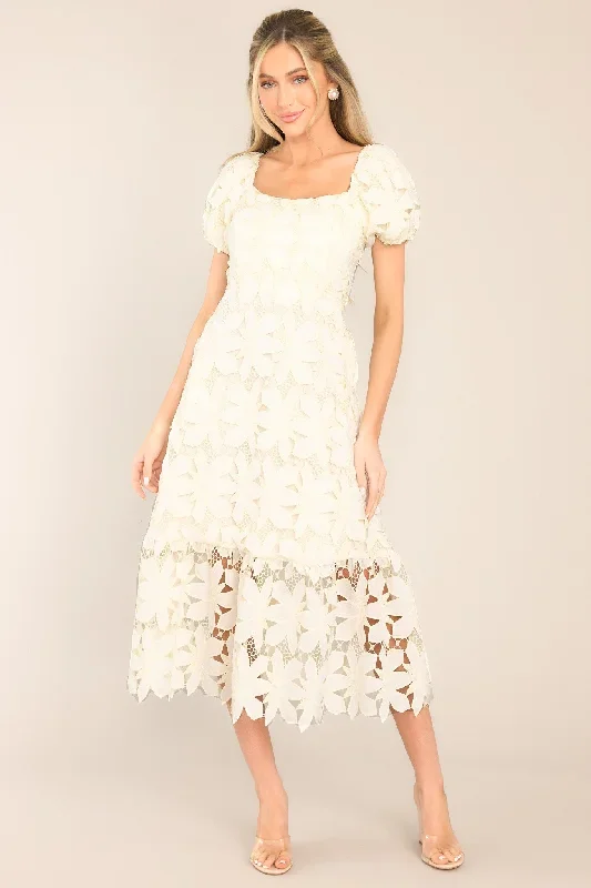 Rays Of Hope Ivory Lace Floral Midi Dress