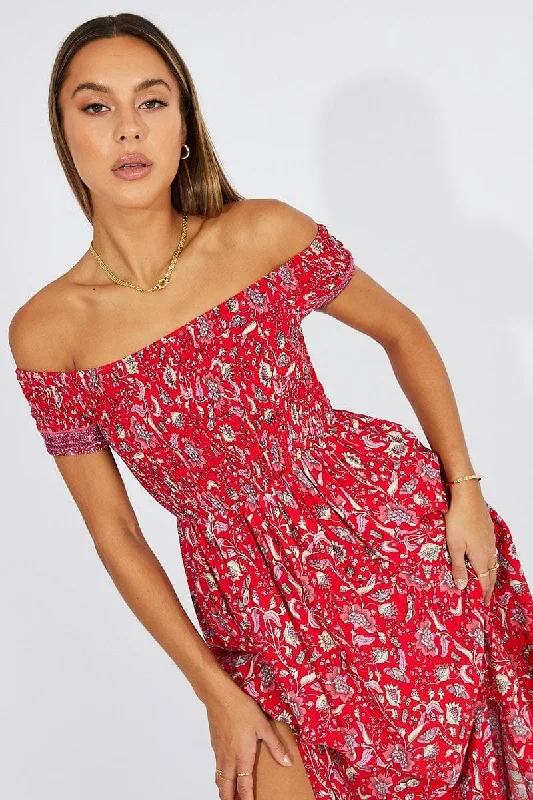 Red Boho Maxi Dress Off Shoulder