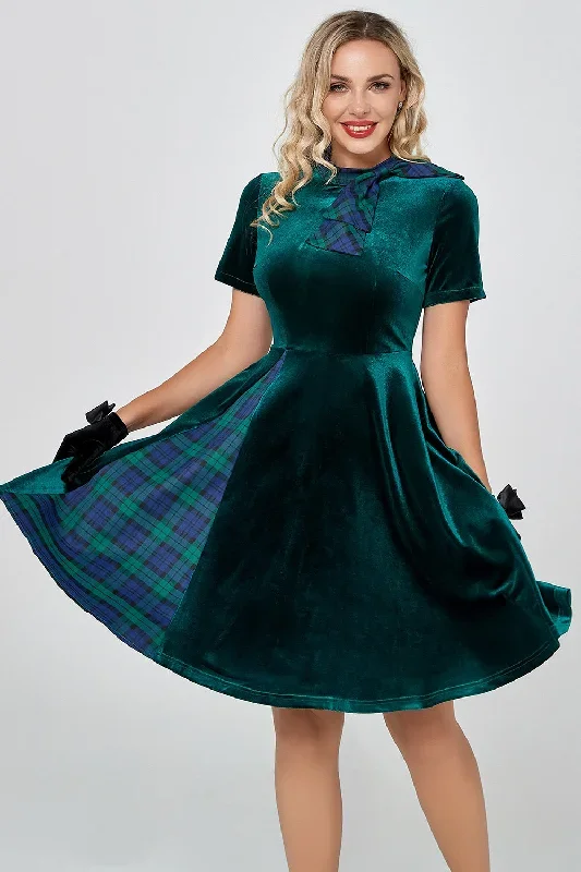 Robe en velours vintage à carreaux vert foncé