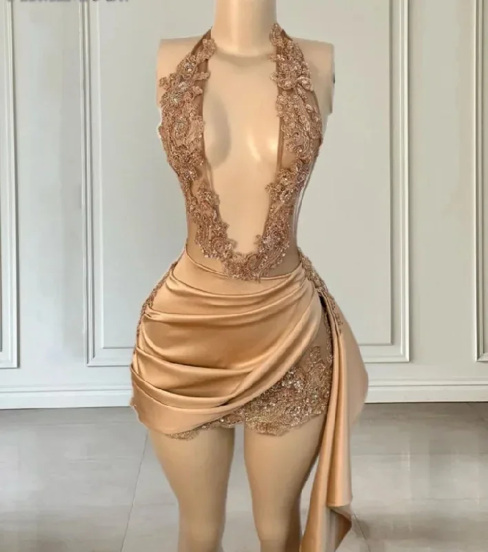 Rose Gold Short Prom Dress For Women Halter Birthday Dresses For Your Birthday Beading Party Gowns Vestidos De Graduación