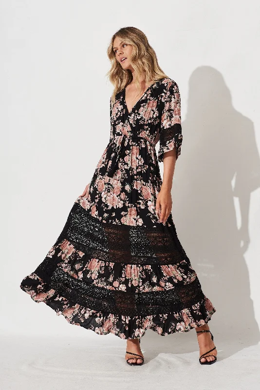 Roxy Maxi Dress In Black And Pink Floral