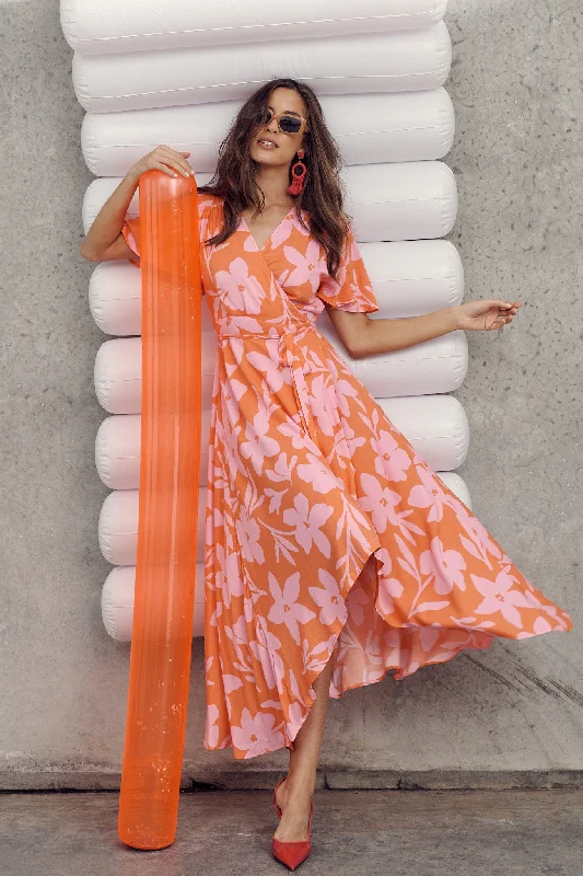 Sanctuary Midi Wrap Dress In Orange And Pink Floral