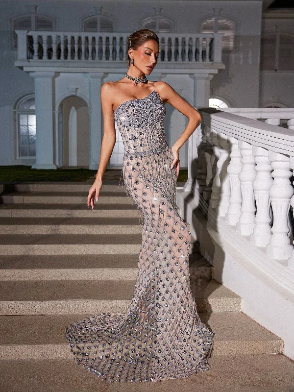 Sean Strapless Rhinestone Mesh Maxi Dress