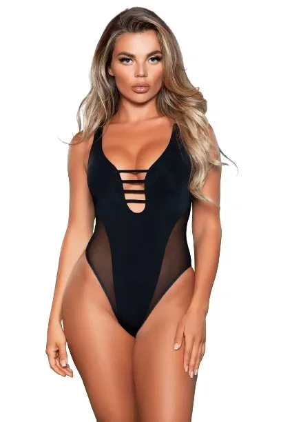 Sexy Ada Criss Cross Strap Plunge Mesh Swimsuit