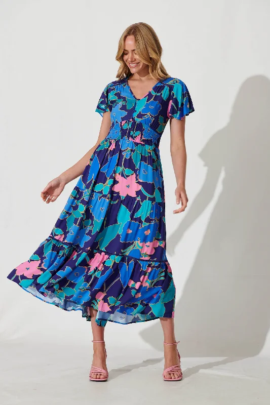 Sheila Maxi Dress In Blue Flower Print