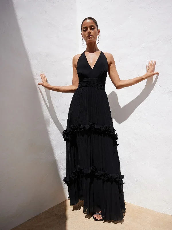 Sienna Black Pleated Frill Maxi Dress