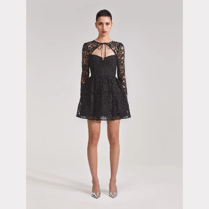 Self-Portrait - Black Lace Tie Neck Mini Dress - Black