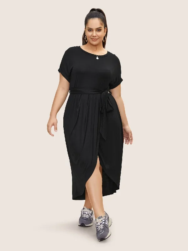 Solid Batwing Sleeve Wrap Hem Maxi Dress