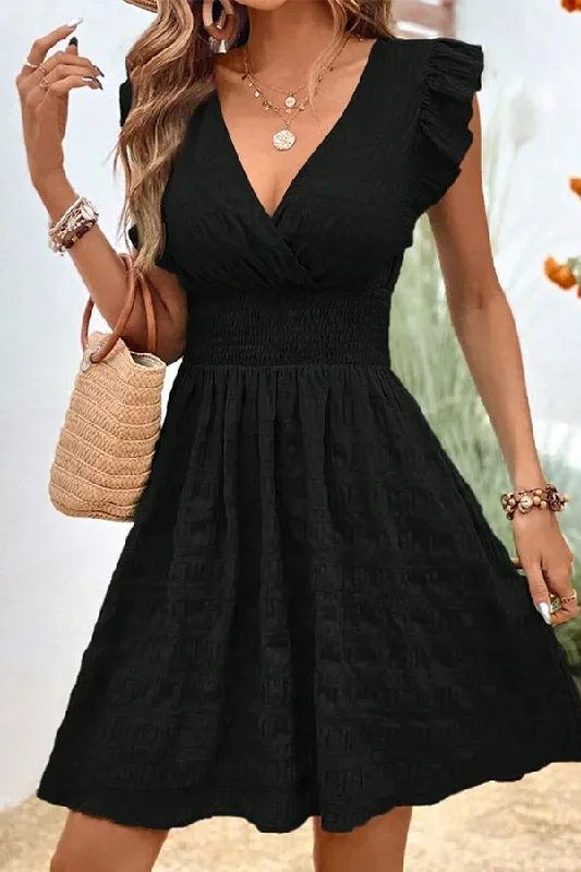 Solid Black V Neck Ruffle Sleeve Mini Dress