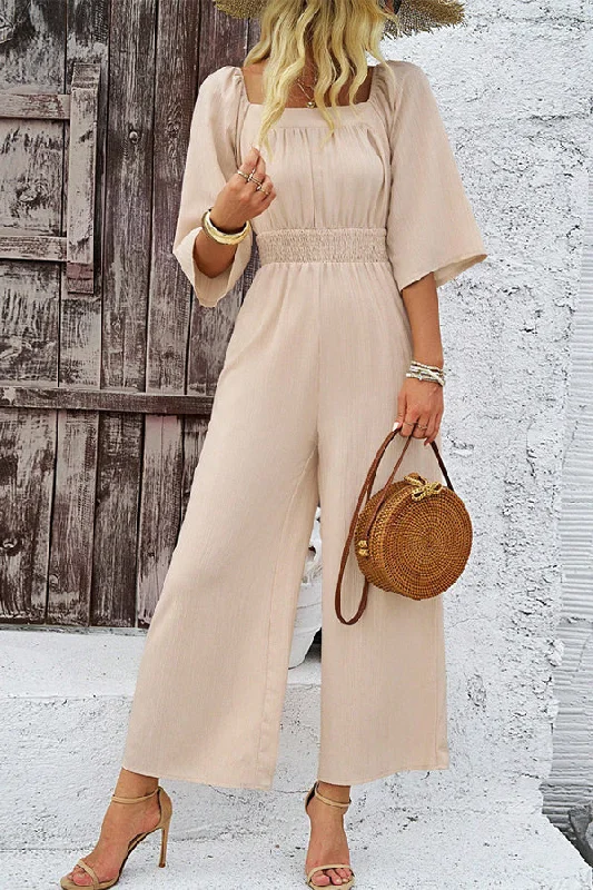 Solid Color Square Neck Smocked Casual Jumpsuit