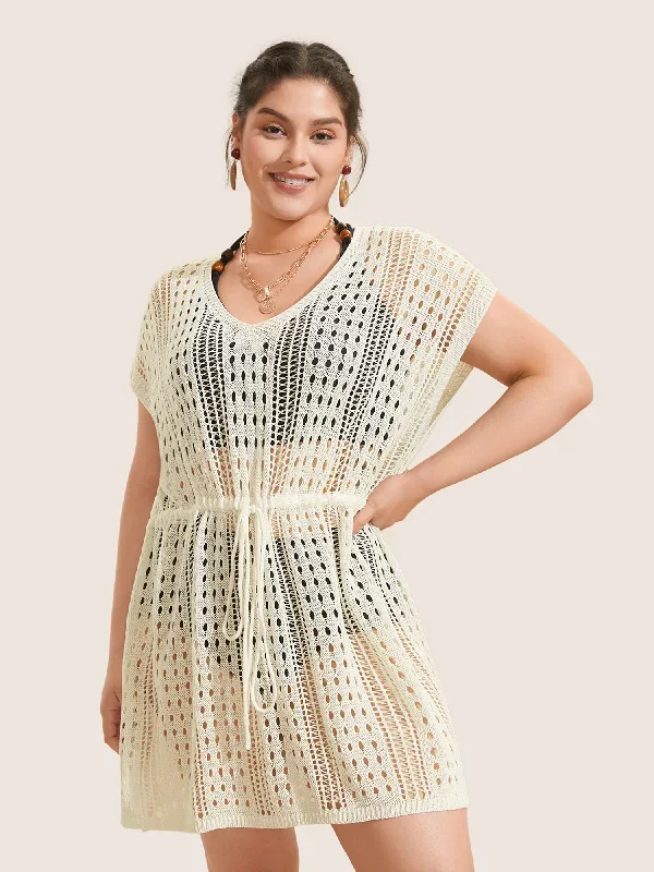 Solid Pointelle Knit Drawstring Swim Cover Up