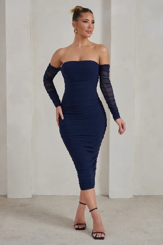 sorella-navy-ruched-mesh-bardot-midi-dress-cl129311015