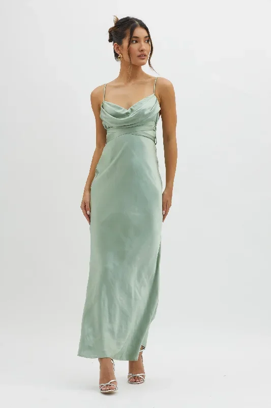 Starring Role Cowl Bust Waist Tie Dress Sage