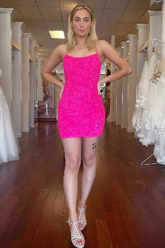 Straps Hot Pink Sequined Tight Homecoming Dress