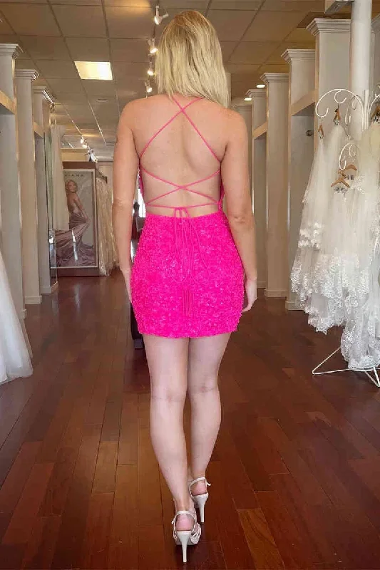 straps-hot-pink-sequined-tight-homecoming-dress