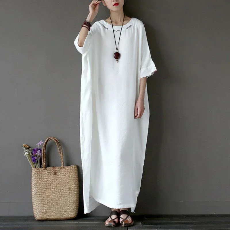 Stylish Cotton Linen Maxi Dress Plus Size Clothing Women Flax Cotton Linen 1/2 Sleeve Embroidery White Dress ( Limited Stock)