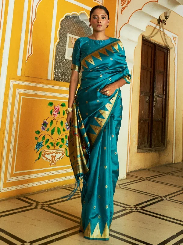 Teal Paithani Silk Ethnic Motifs Saree with Unstitched Blouse Piece