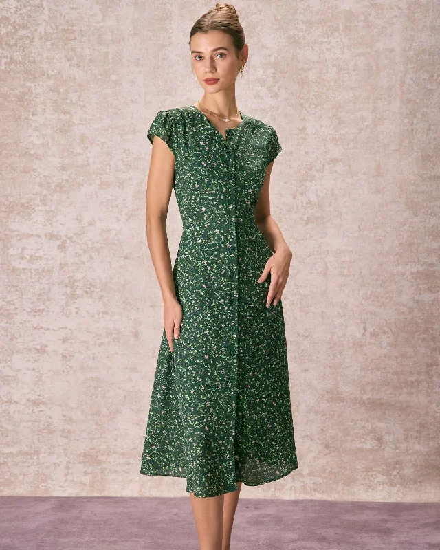 The Green Crew Neck Button-up Floral Midi Dress