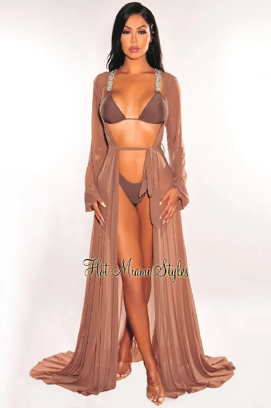 Toffee Mesh Long Sleeves Belted Maxi Cover Up