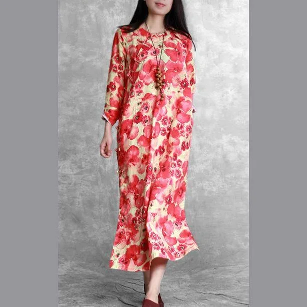 top quality red floral linen maxi dress trendy plus size side open long cotton dresses casual Chinese Button linen clothing dress