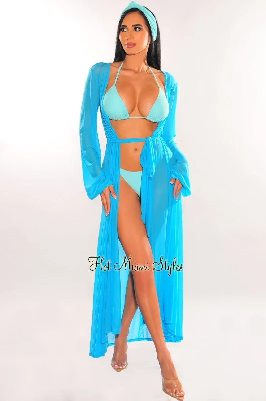 Turquoise Mesh Long Sleeves Belted Maxi Cover Up