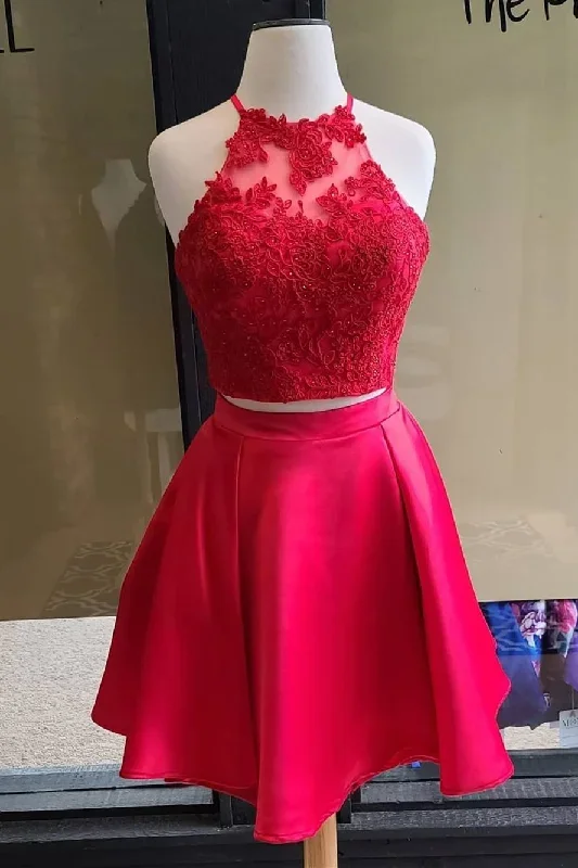 Two Piece Red A-line Short Homecoming Dress