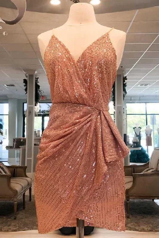 V-Neck Blush Sequined Short Homecoming Dress