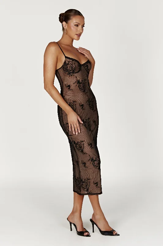 Venice Embroidered Mesh Midi Dress - Black