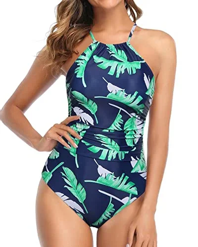 Vintage High Neck One Piece Swimsuit Tummy Control Bathing Suit-Blue Leaf