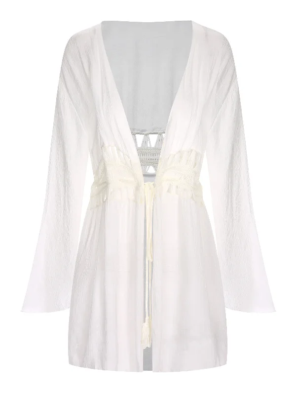 White 1960s Solid Hollow Waist Cover Up