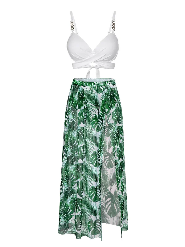 White & Green 1950s Tropical Swimsuit With Cover-Up