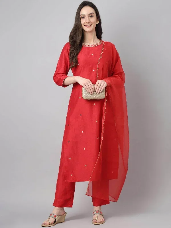 Women's Red Chinon Embroidered Kurta with Pant and Dupatta