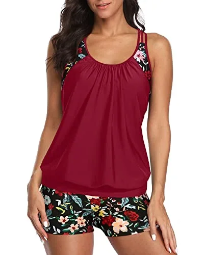 Ladies Sporty T-Back Tankini Swimwear Tummy Control Boy Shorts-Red Floral