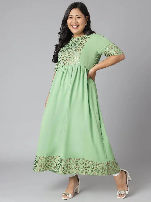 Plus Size Green Poly Crepe Foil Print Flared Kurta