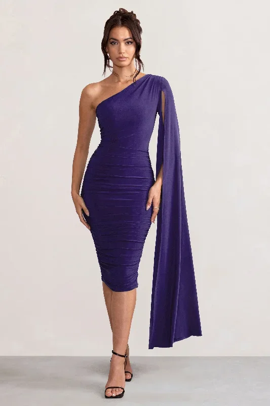 Yara | Purple One Shoulder Cape Ruched Midi Dress