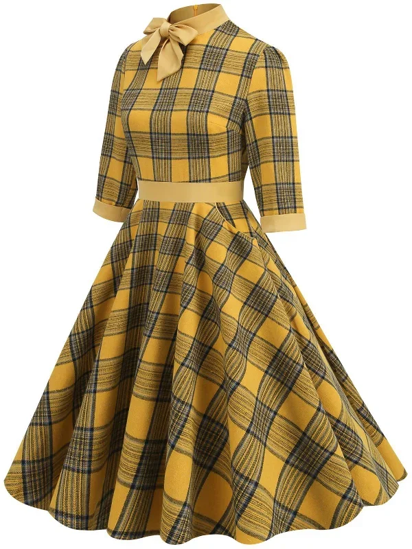 yellow-1950s-plaid-bowknot-patchwork-dress