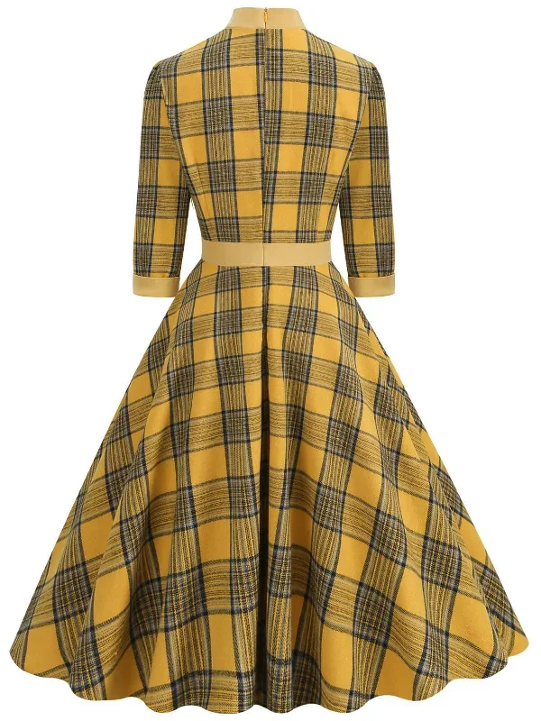 yellow-1950s-plaid-bowknot-patchwork-dress